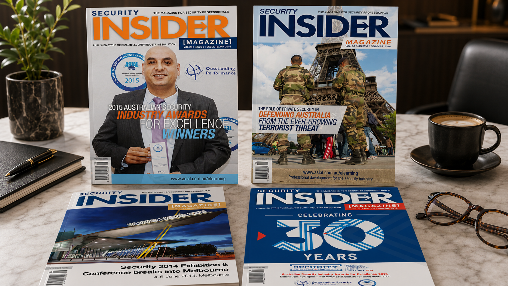 Five Security Insider Magazine covers across multiple years — winners and finalists, domestic violence response, defending Australia, 30 years celebration, and 2015 awards