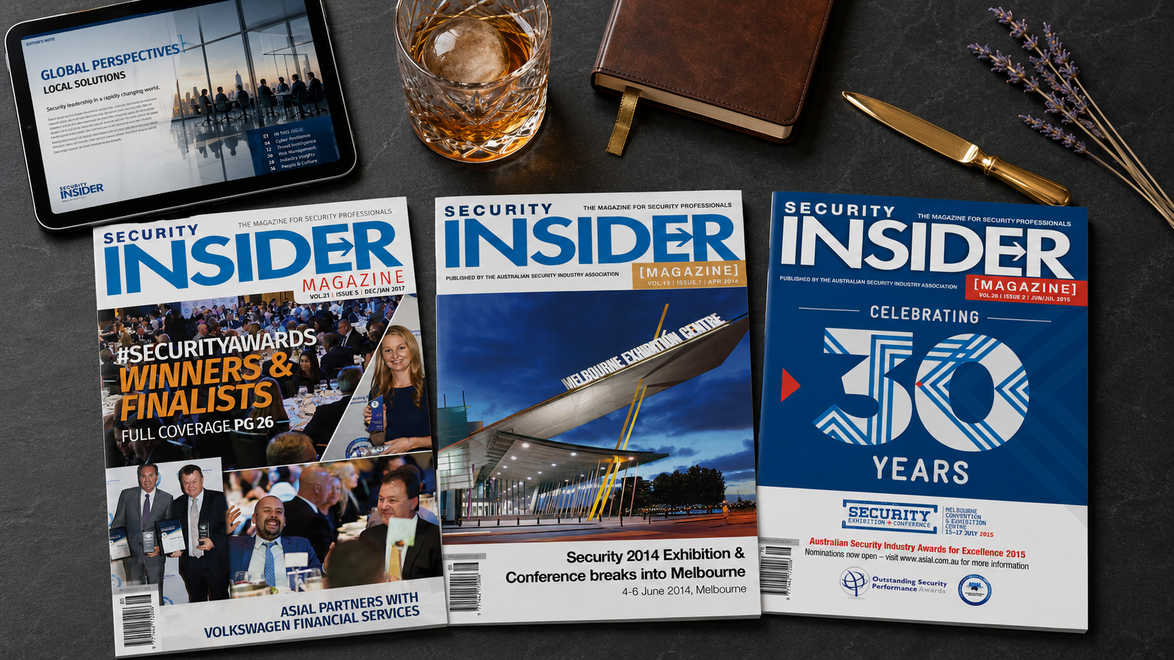 Security Insider Magazine montage — three print covers including Awards Winners & Finalists, Melbourne Exhibition 2014, and the 30 Years anniversary issue, alongside a tablet displaying the Global Perspectives inside spread