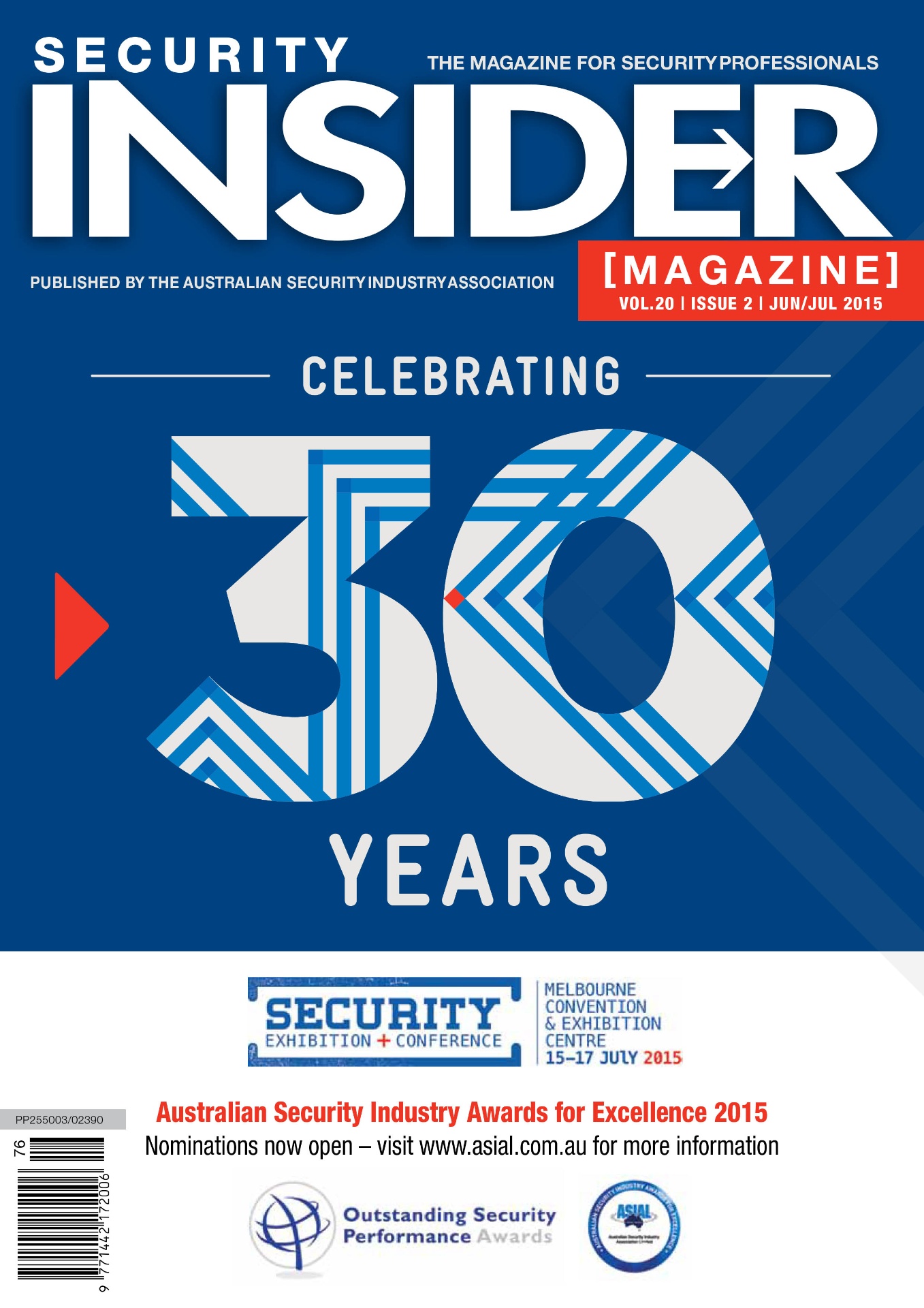 Security Insider Magazine June/July 2015 cover — Celebrating 30 Years of ASIAL with a bold geometric '30' anniversary mark