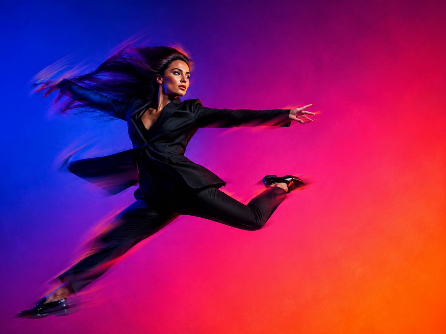 Motion-blurred figure lit in red and blue, representing AI-assisted design speed