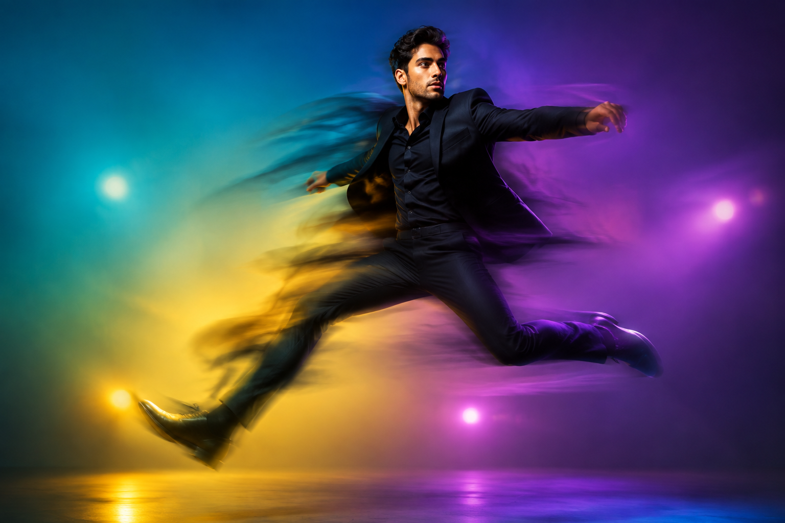 Dancer mid-leap in coloured studio light, illustrating creative momentum