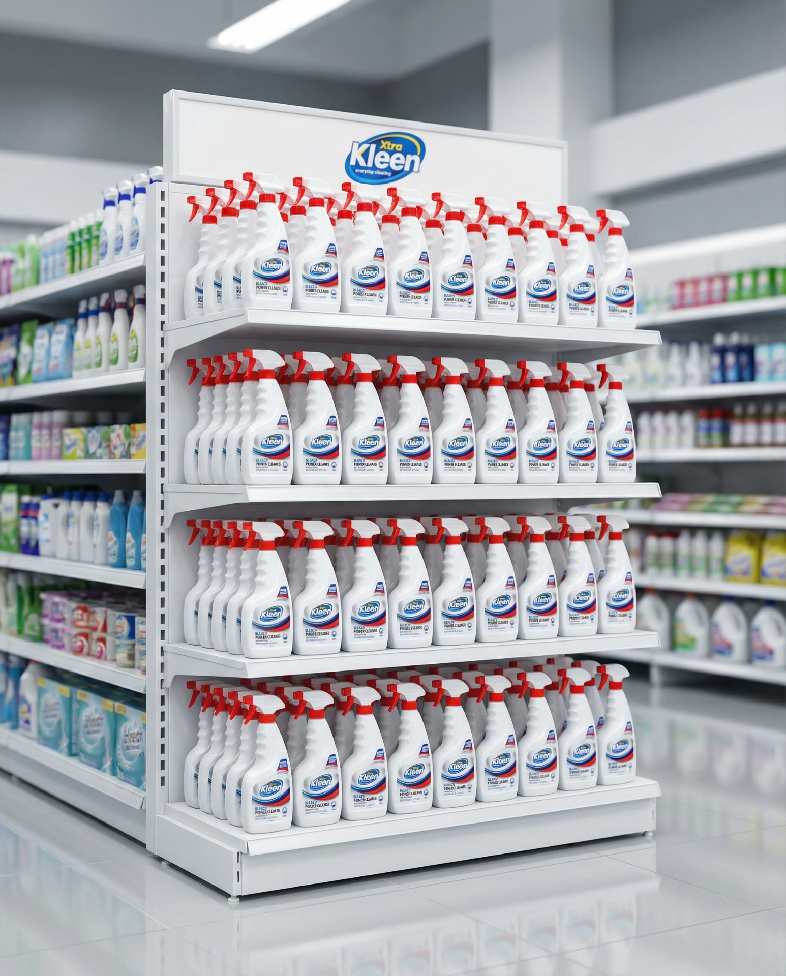 Three FMCG bottles arranged on a clean white retail shelf — planogram aesthetic