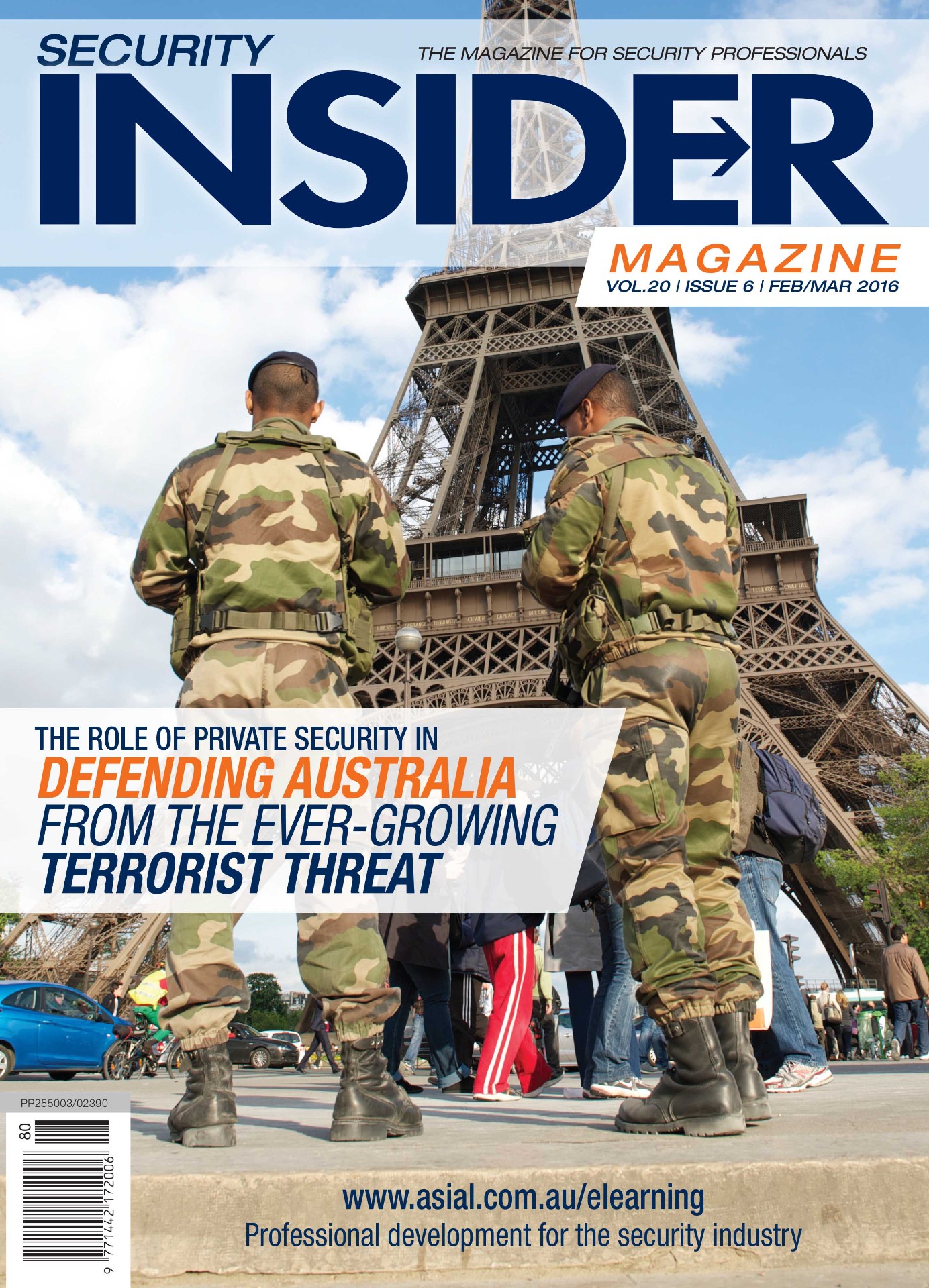 Security Insider Magazine Feb/Mar 2016 cover — French soldiers patrolling beneath the Eiffel Tower, headline 'Defending Australia from the ever-growing terrorist threat'