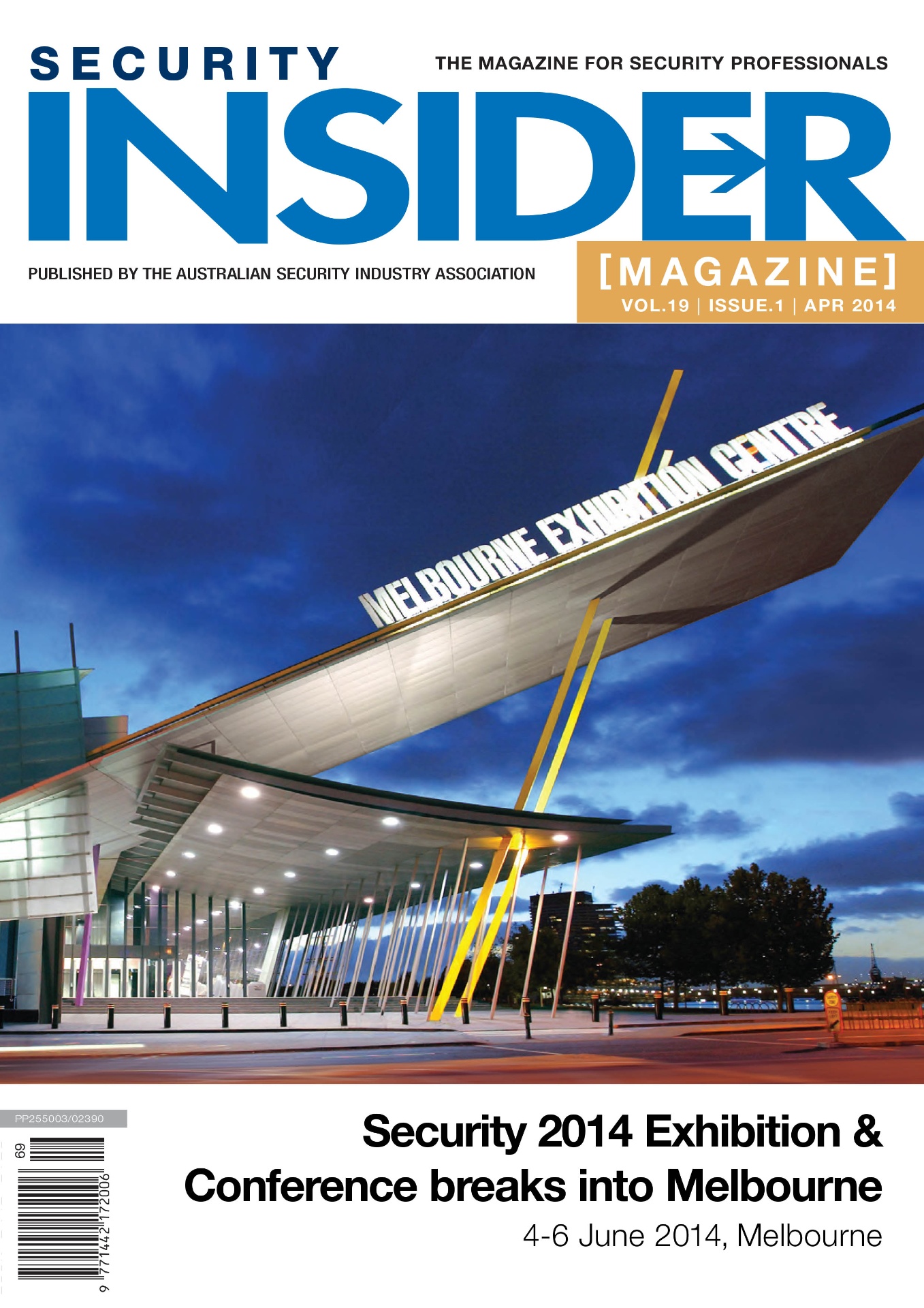 Security Insider Magazine April 2014 cover — Melbourne Exhibition Centre at dusk, announcing Security 2014 Exhibition & Conference
