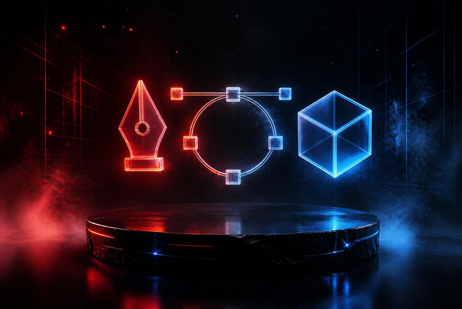 Glowing pen tool, vector path and 3D cube icons above a dark plinth