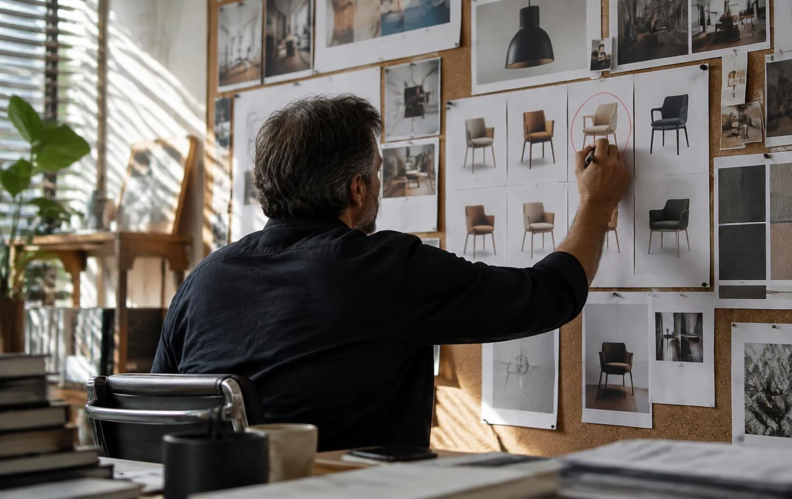 Designer circling one printed option on a corkboard wall covered in design variations