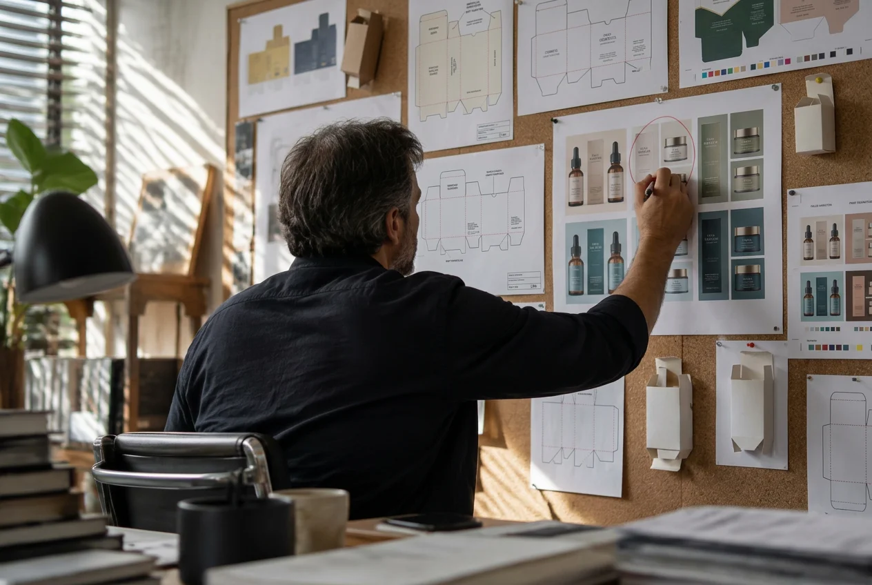Designer circling a skincare packaging design option beside carton dielines and print proofs