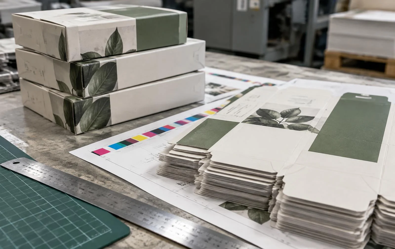Stacked printed cartons and flat die-cut carton sheets with colour bars on a print-finishing bench