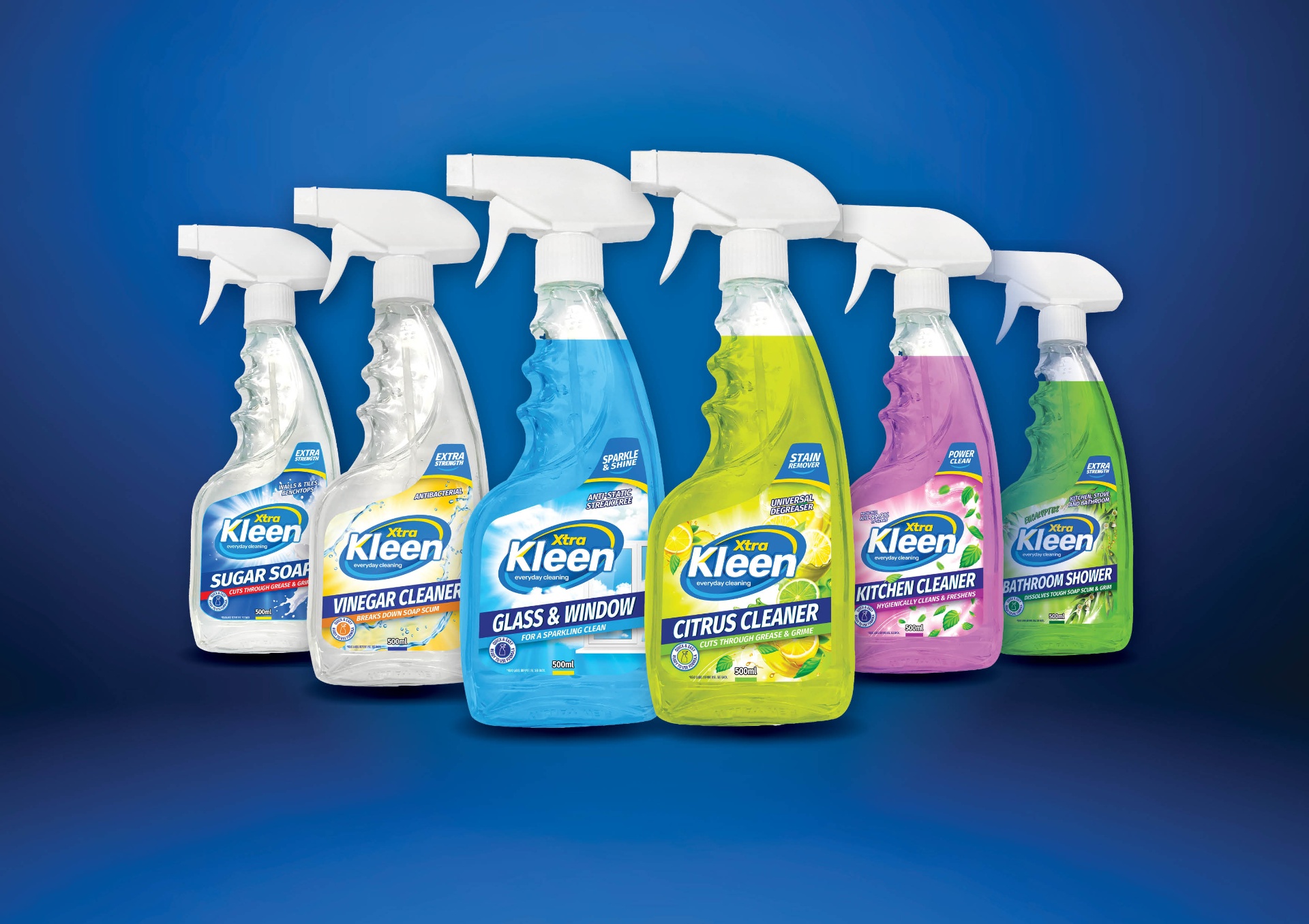 Xtra Kleen trigger spray cleaning products with branded packaging on retail shelf