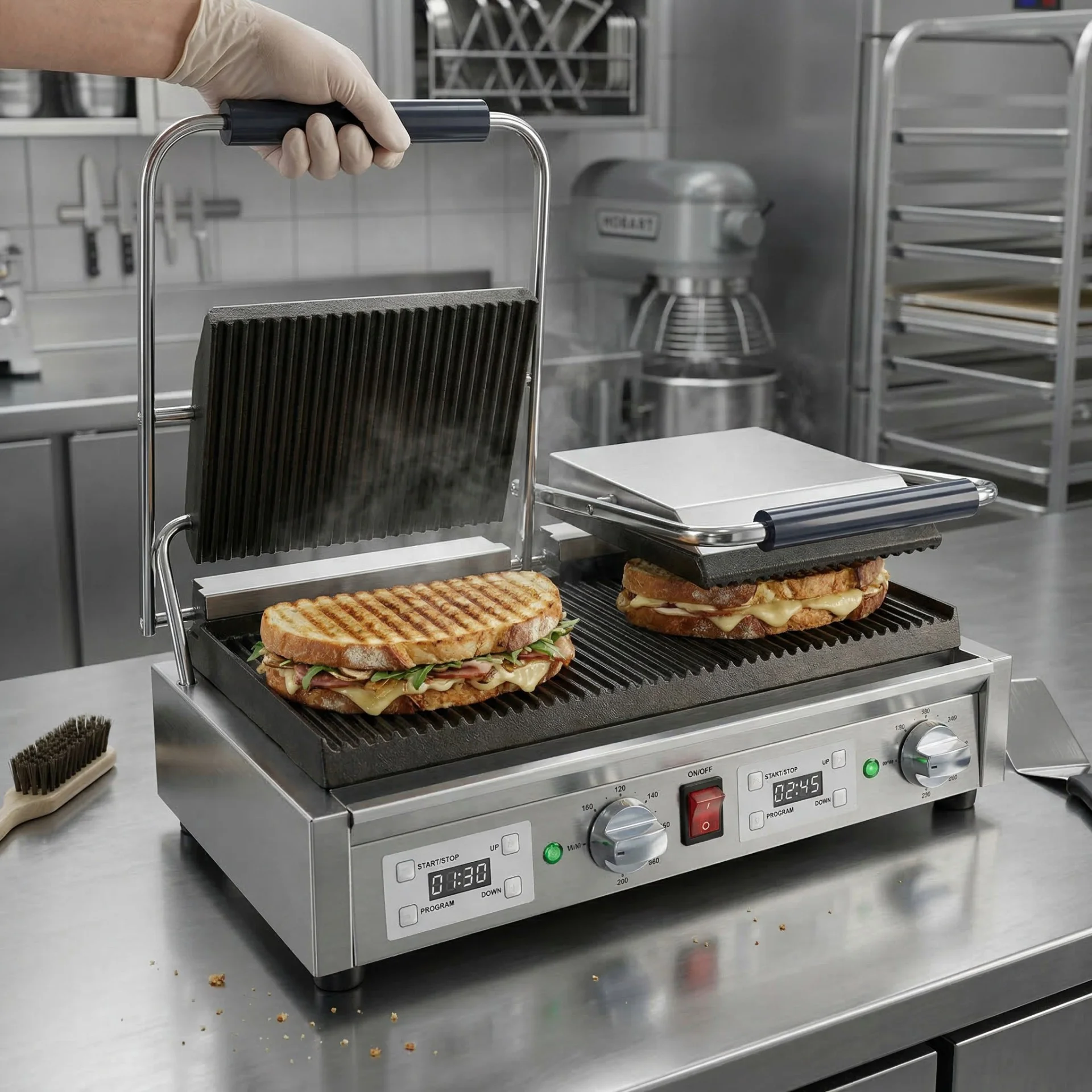 Apuro commercial dual contact grill with digital timers pressing sandwiches