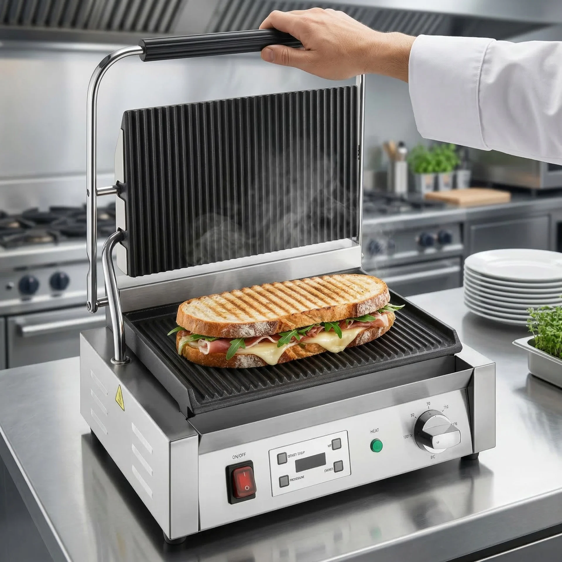 Apuro single contact grill with pressed sandwich in a clean commercial kitchen