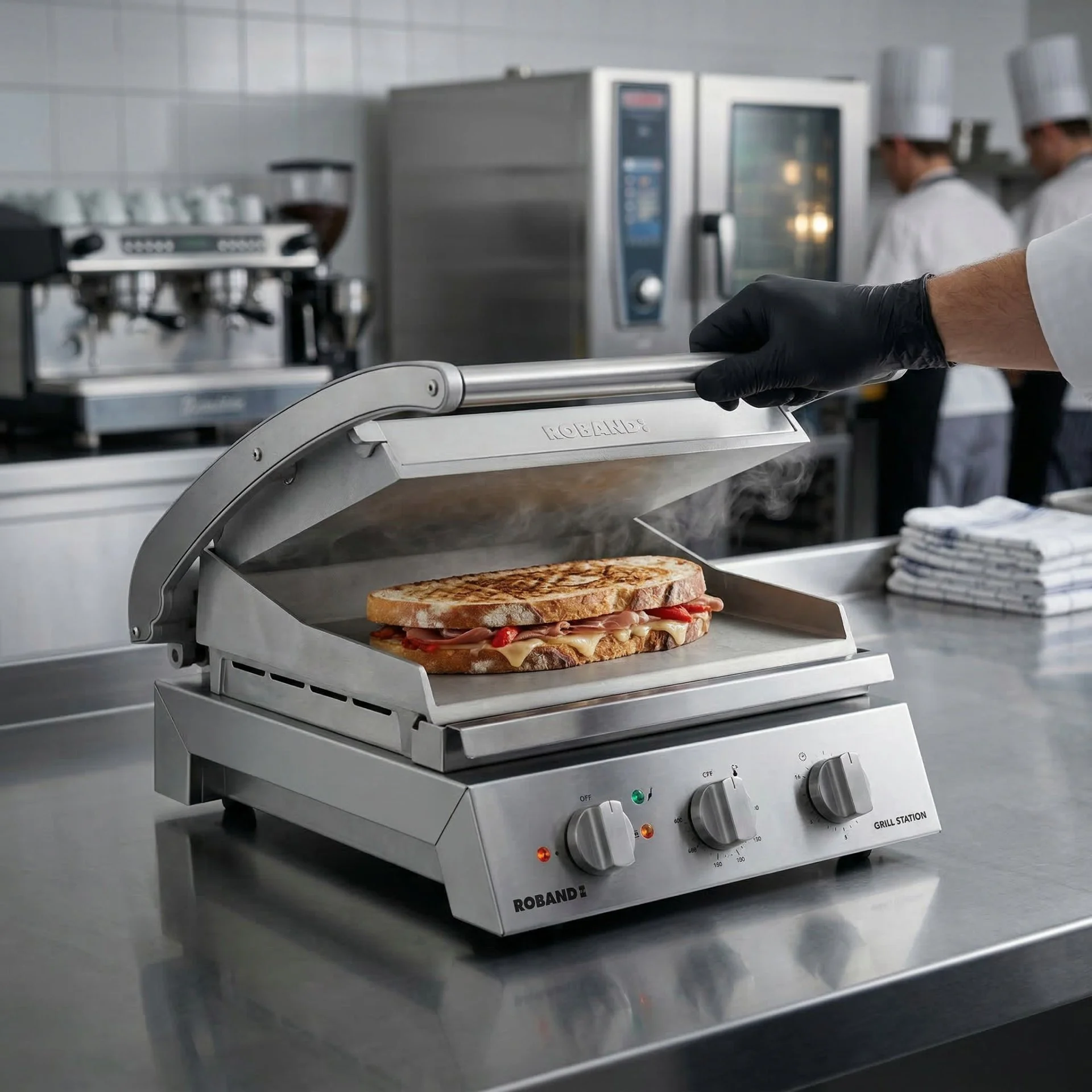 Roband Grill Station with toasted sandwiches in a professional commercial kitchen