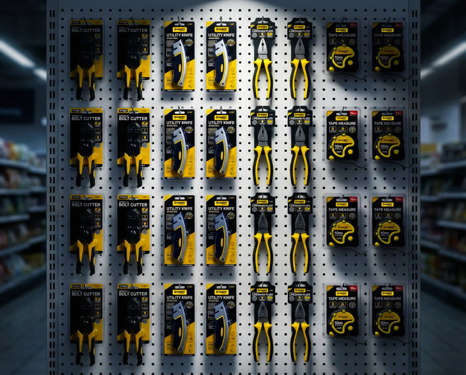 Handy Hardware packaging range on a retail peg board