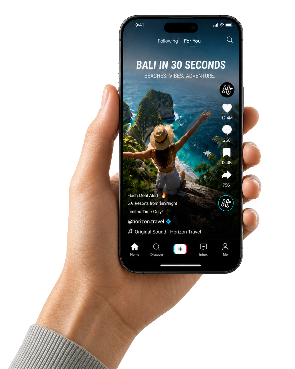 Horizon Travel social post mockup on iPhone held in hand