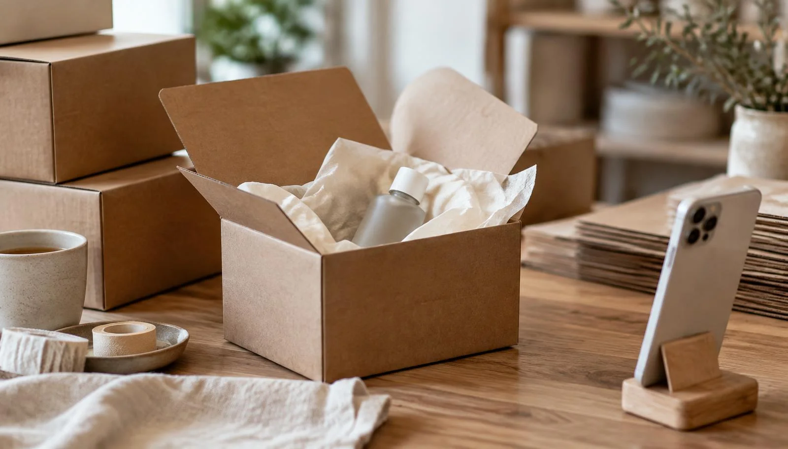Kraft shipping boxes and a product bottle on a packing table beside a phone on a stand
