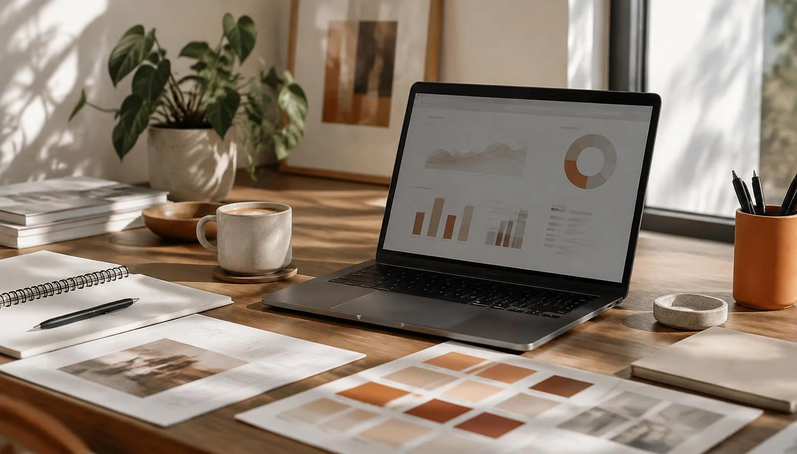 Studio desk with a laptop showing a marketing dashboard beside printed brand colour swatches