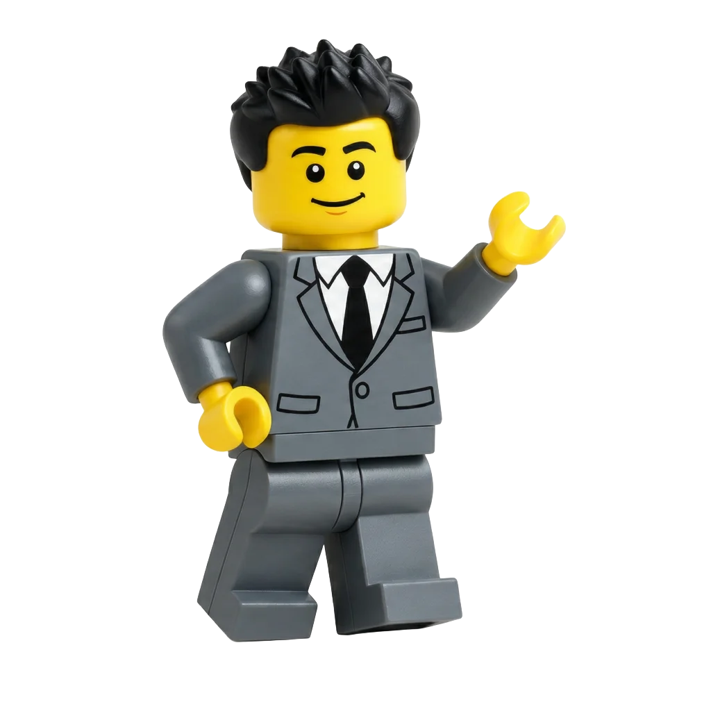 Illustrated minifigure of Marty in a grey suit, waving